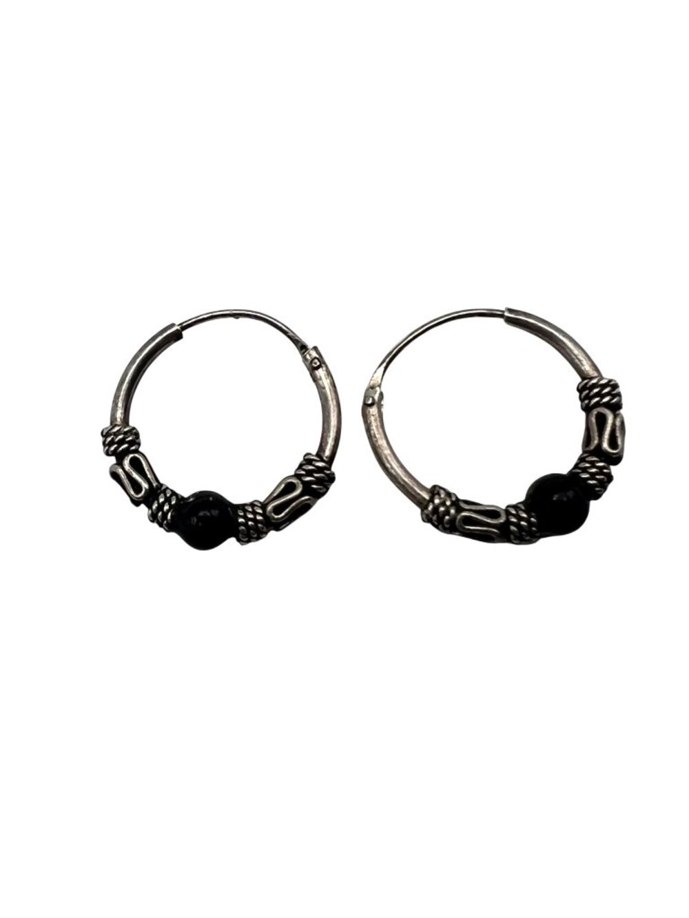Bali Style Sterling Silver Hoop Earrings Oxidized Black Accent Bead .5"